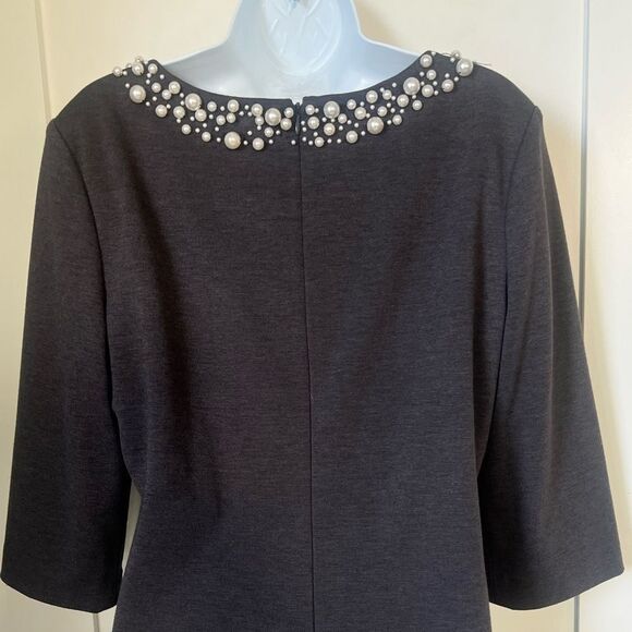 Leslie Fay Pearl Embellished Gray Winter Sheath Dress Size 16 - Picture 7 of 10